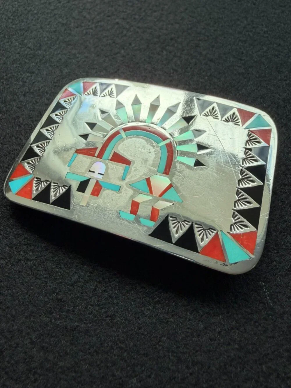 Vintage Zuni F L Natachu Sterling Silver Rainbow Man Belt Buckle